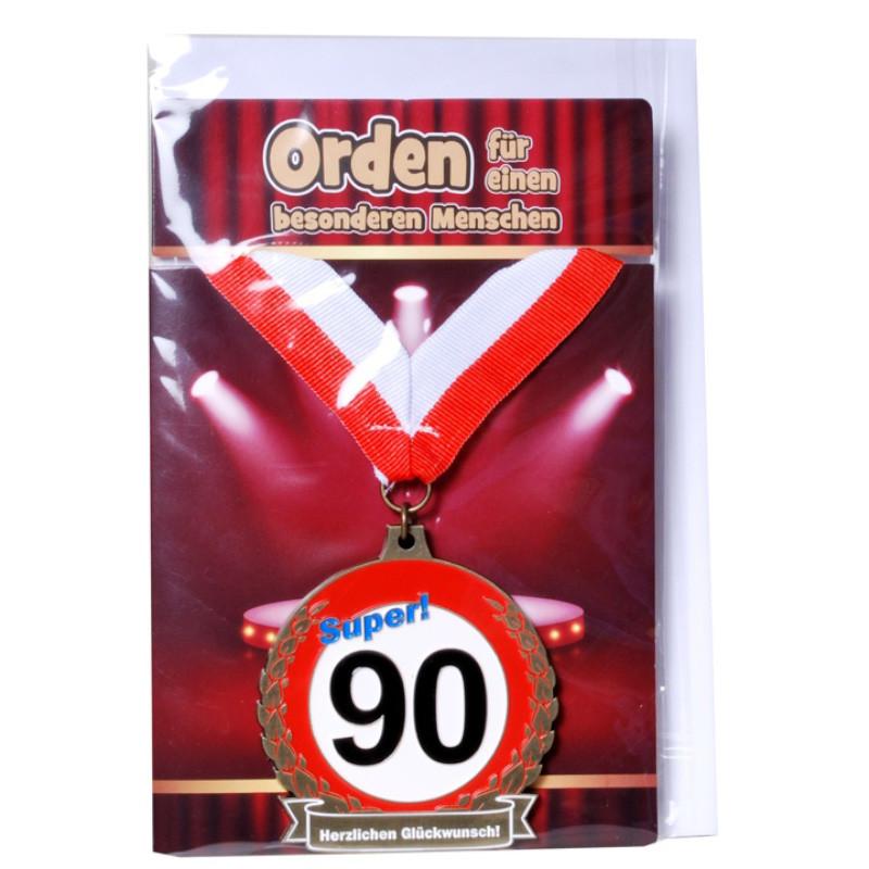 Udo Schmidt Orden 90 auf Karte mit rot weißem Band originelle Geburtstagsmedaille zum 90 Geburtstag